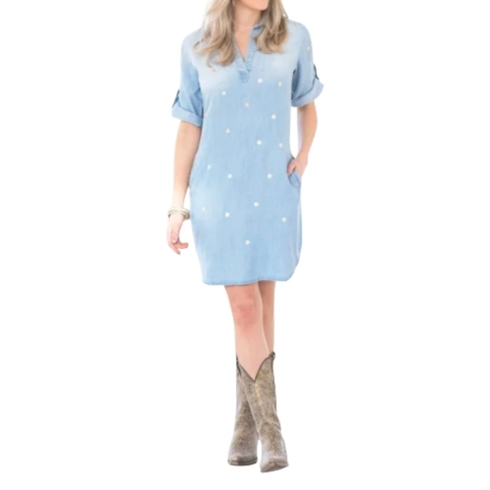 Anthropologie Cloth & Stone Women Shirt Dress Light Blue Polka Dot 3/4 Sleeve S